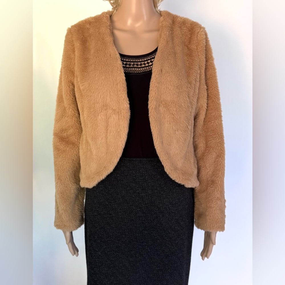 Cropped Faux Fur Bolero Style Jacket Caramel Colour Women's Small